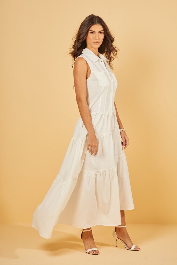 Vestido Midi Sem Manga Camadas Com Assimetria Crepe Algodão