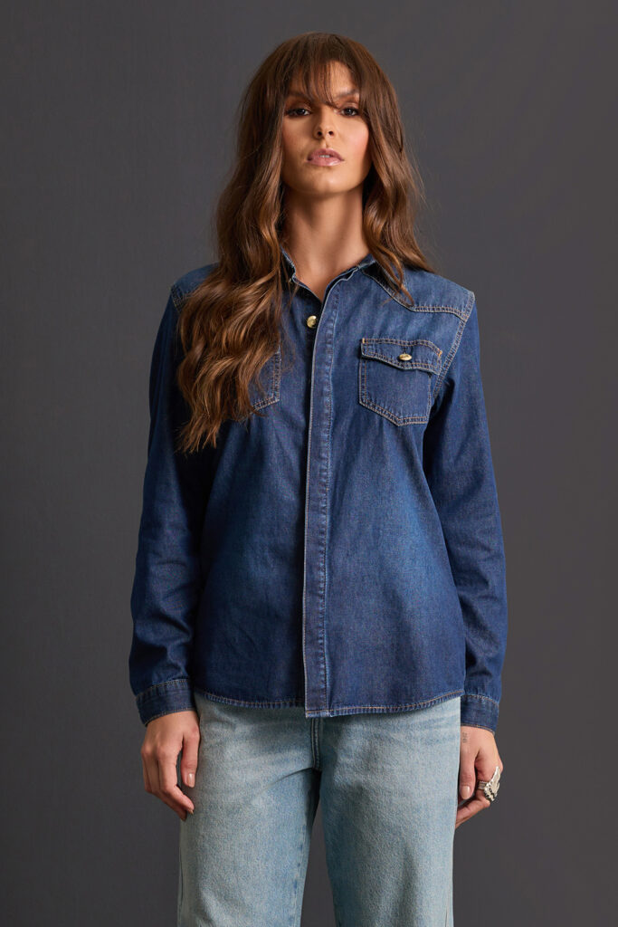 Camisa Jeans Manga Longa Com Recortes