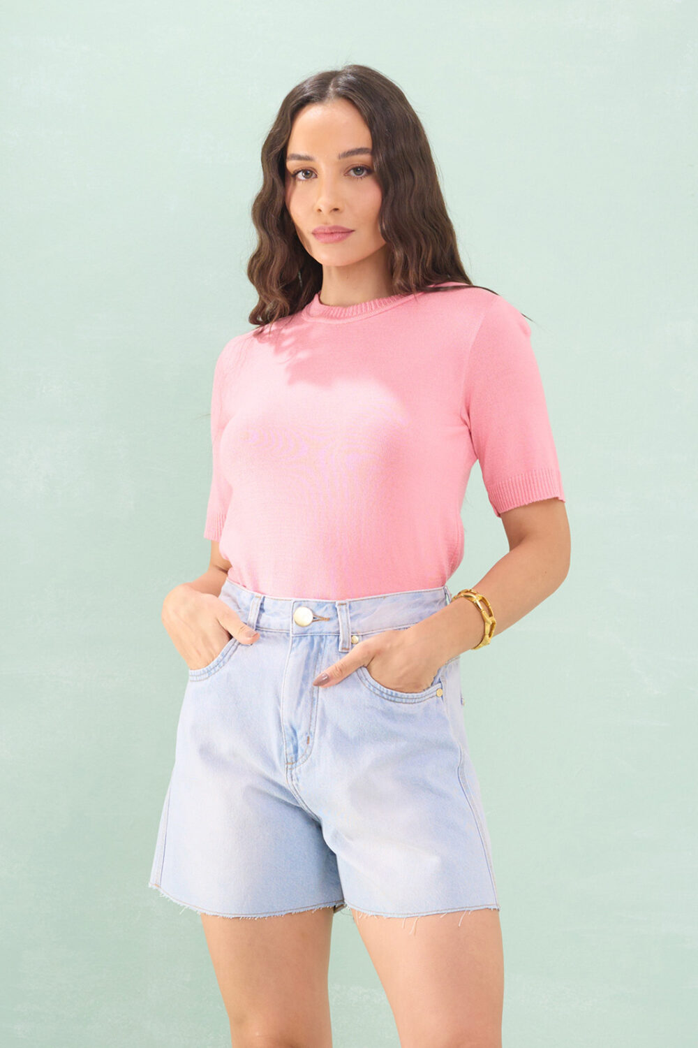 Blusa Manga Curta Detalhe Canelado Tricot