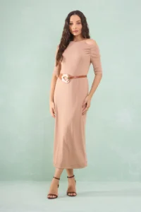 Vestido Midi Decote Assimétrico Com Drapeado Canelado