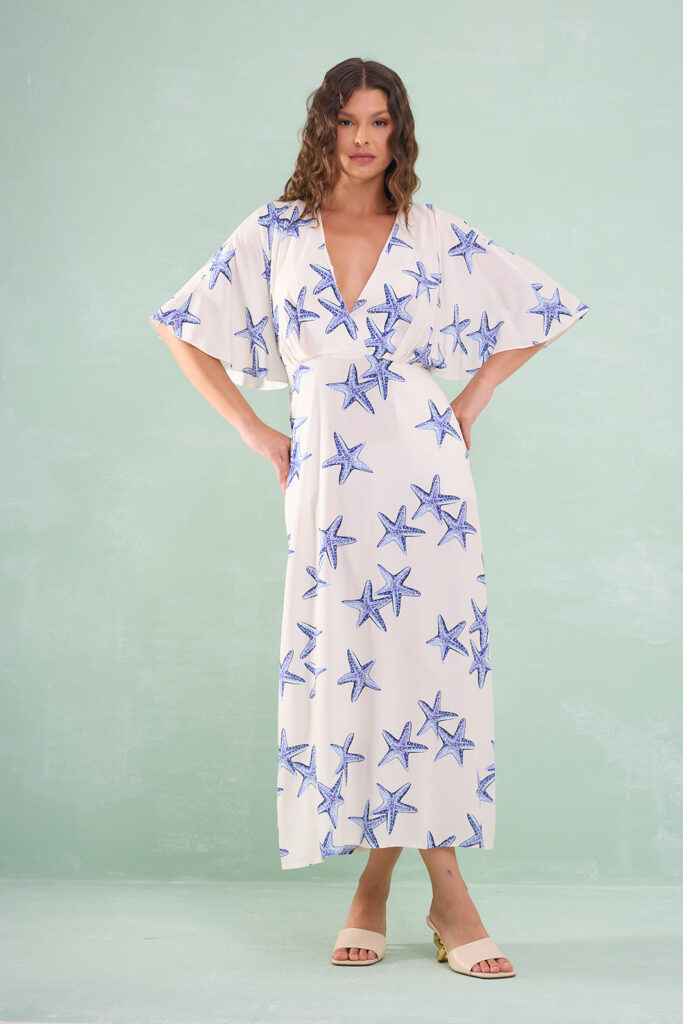 Vestido Longuete Com Transpasse Busto Manga Evasê Viscose