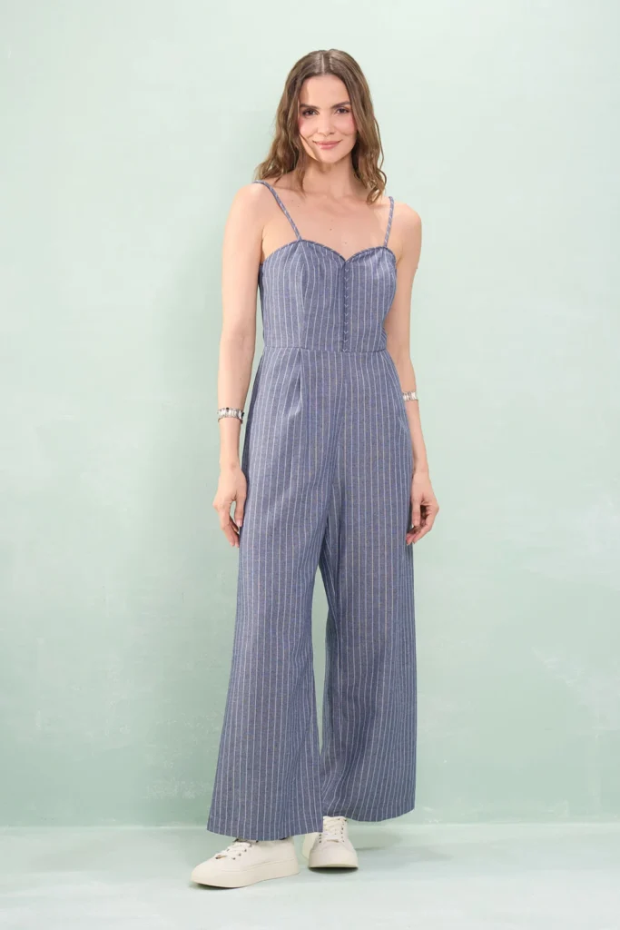 Macacão Decote Com Vivo Elástico Costas Linho Listrado