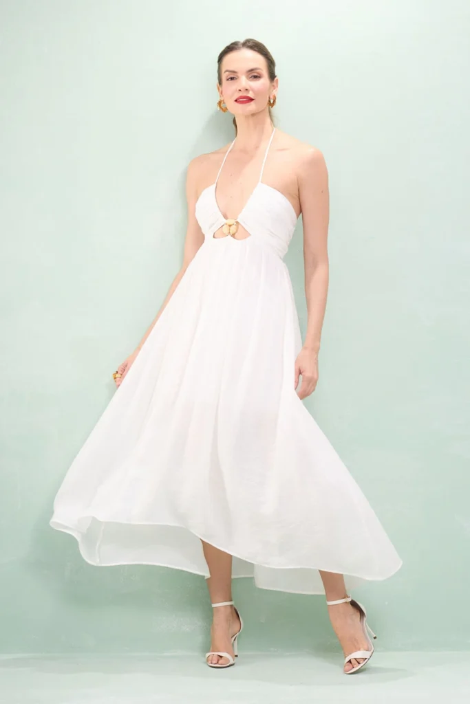 Vestido Longuete Frente Única Detalhe Pedras Viscose Acetinada