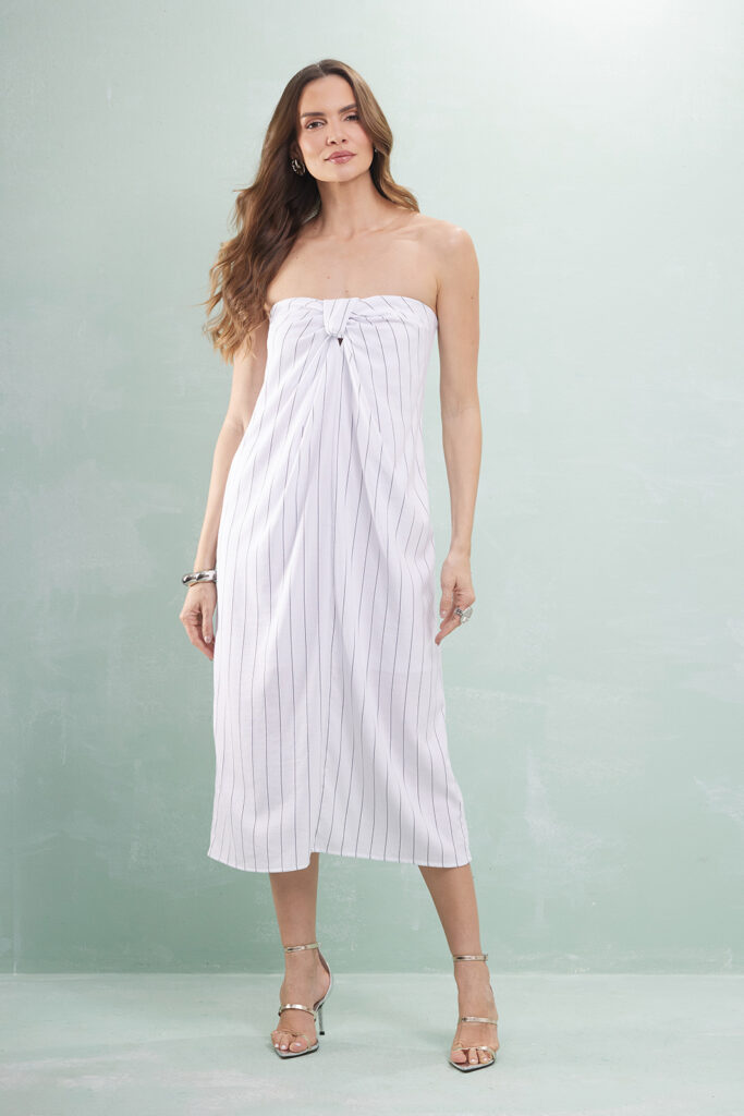 Vestido Longuete Detalhe No Sem Alça Viscose Listrado