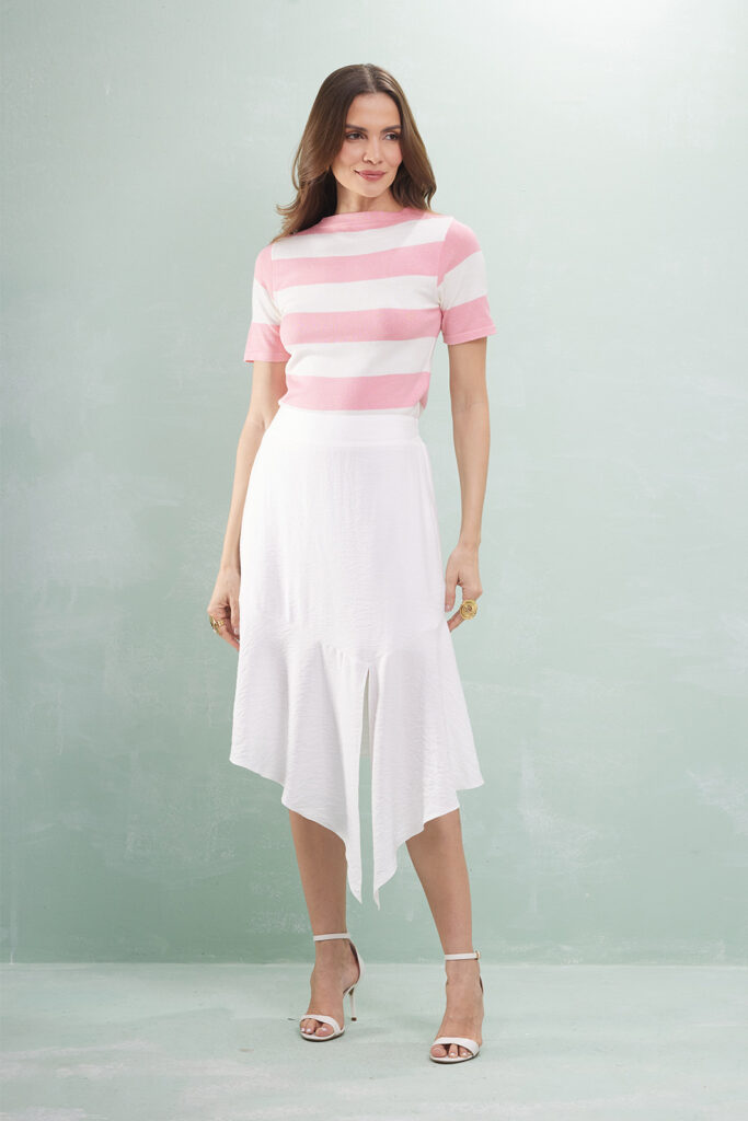 Saia Midi Barra Assimétrica Com Fenda Viscose Acetinada