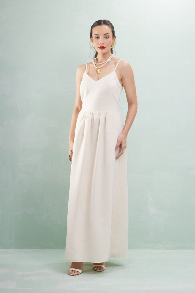 Vestido Midi Alça Fina Detalhe Costas Linho Com Lurex