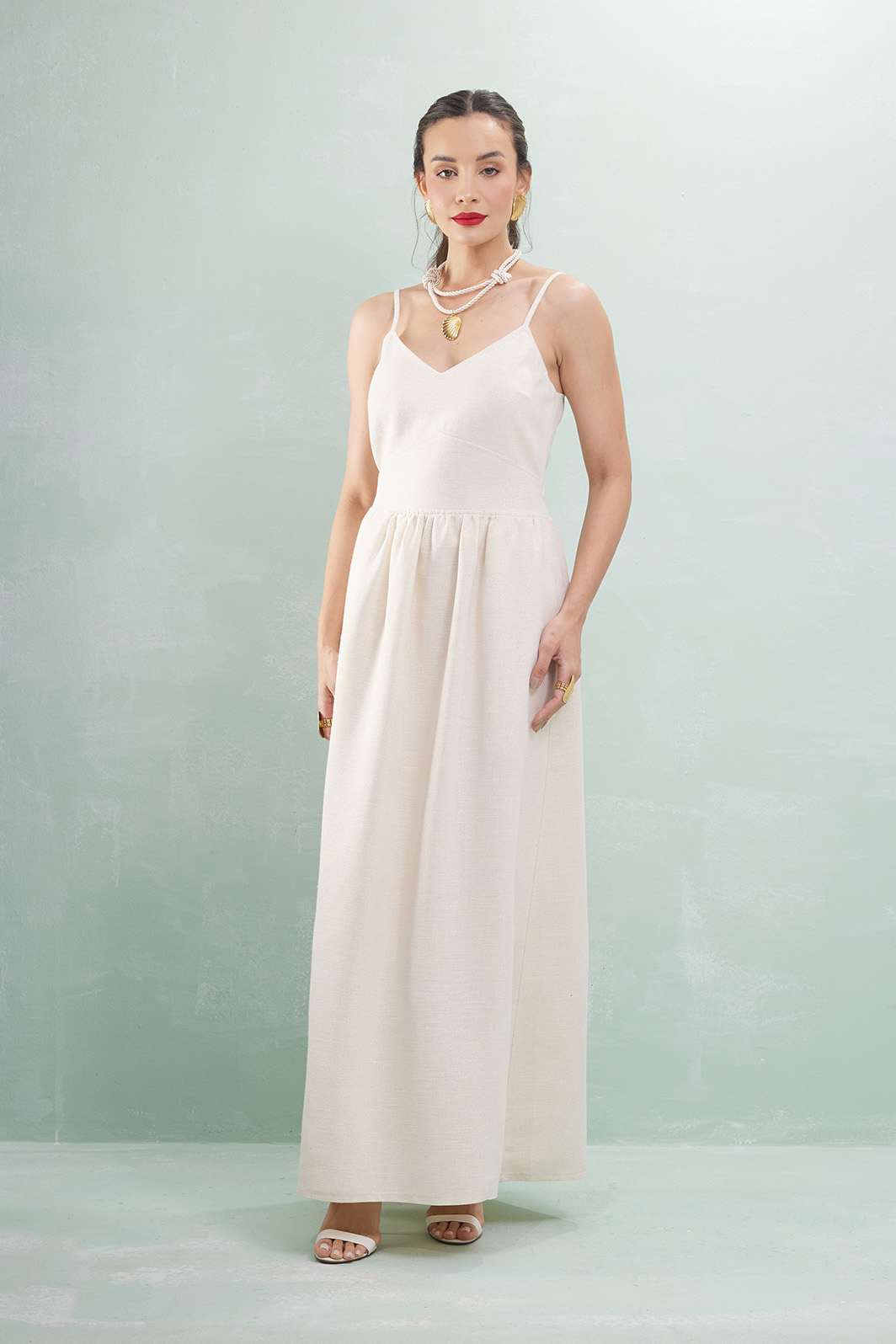 Vestido Midi Alça Fina Detalhe Costas Linho Com Lurex