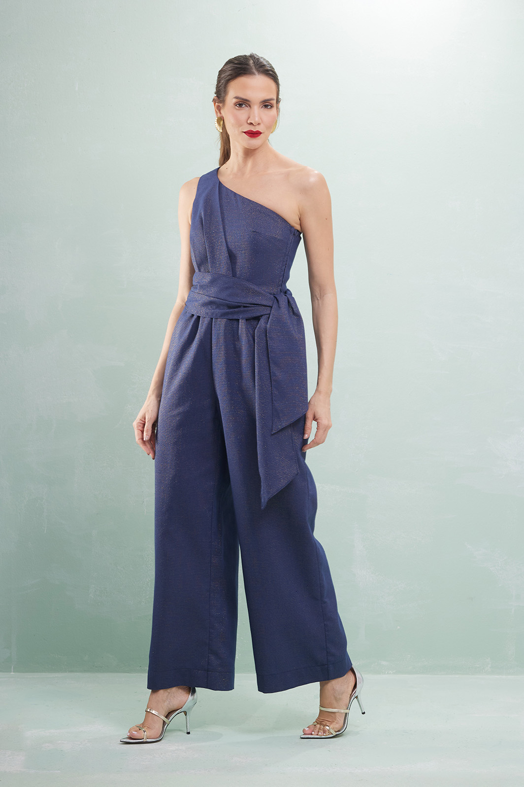 Macacão Ombro Único Com Faixa Linho Lurex