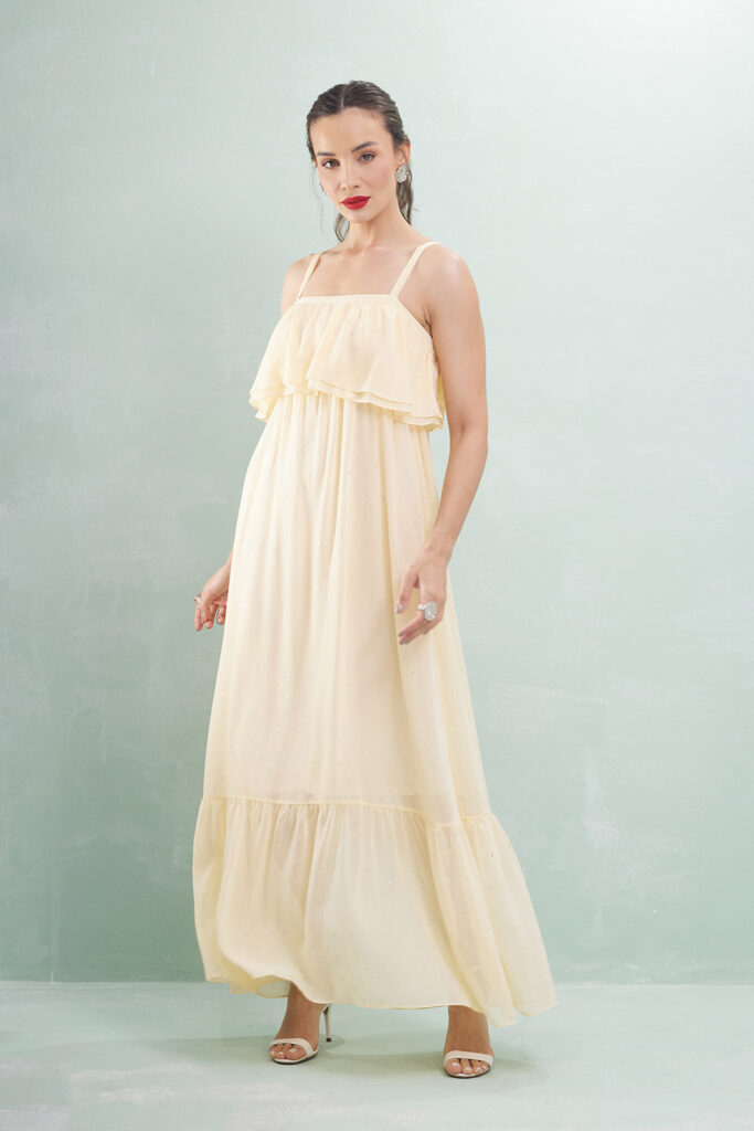 Vestido Longo Com Pala Dupla No Busto Crepe Com Lurex