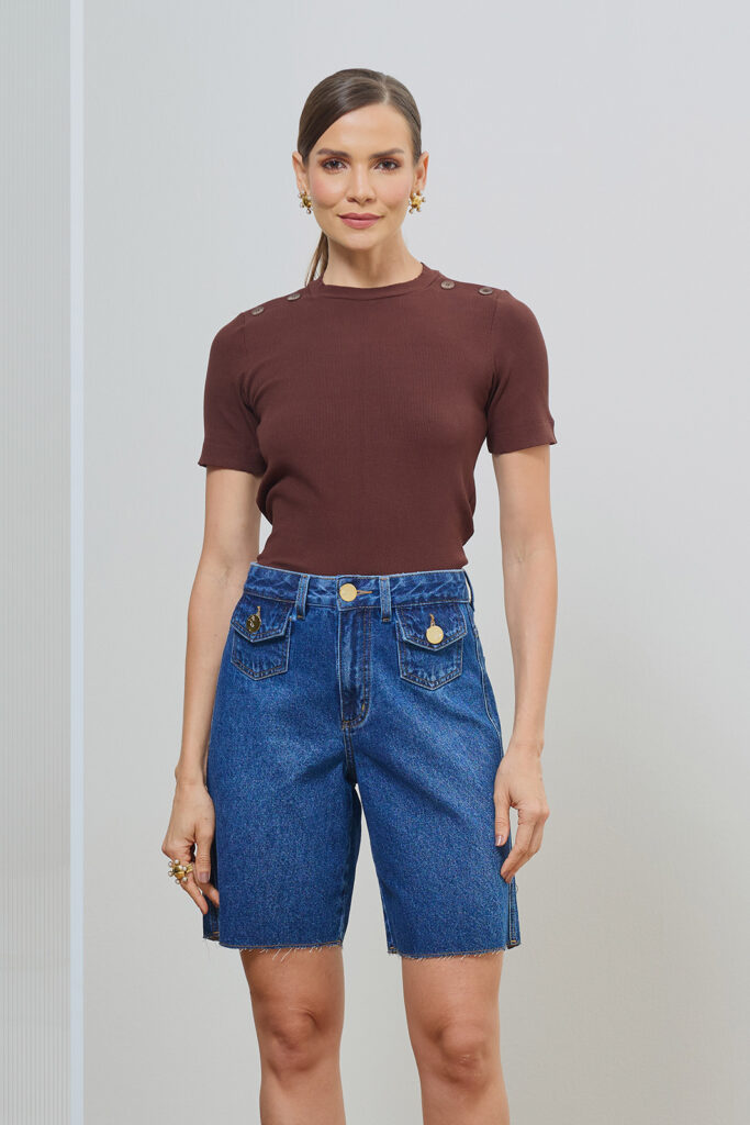 Bermuda Jeans Bolso Frontal Bainha A Fio