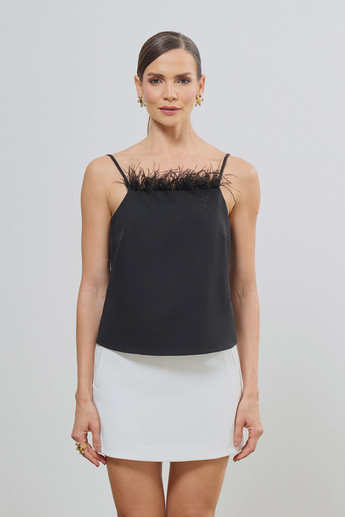 Blusa Alça Decote Reto Com Pluma Removível Crepe