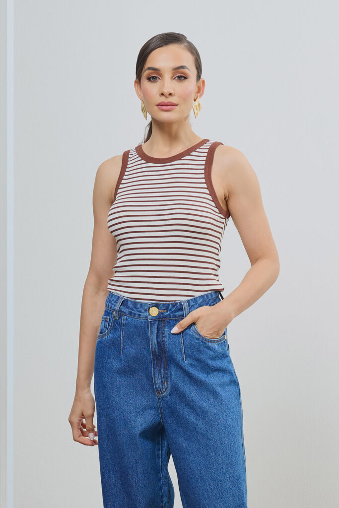 Blusa Regata Acabamento Viés Canelada Listrada