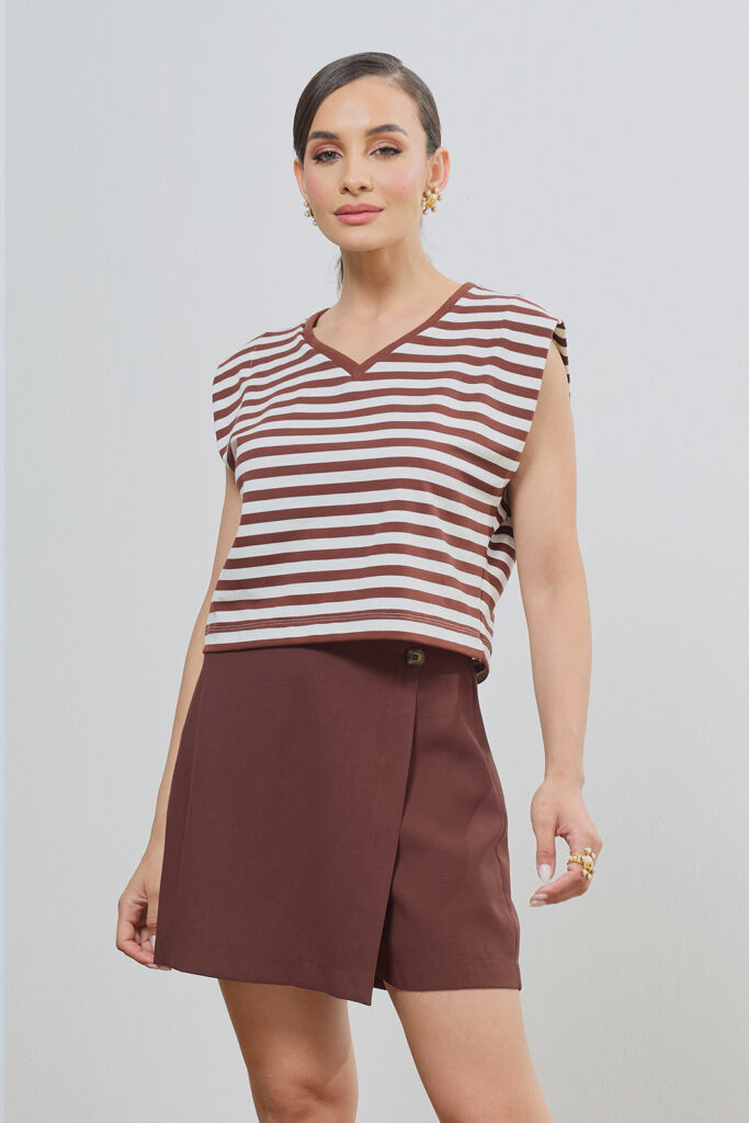 Blusa Semi Cropped Sem Manga Decote V Moletinho Listrado