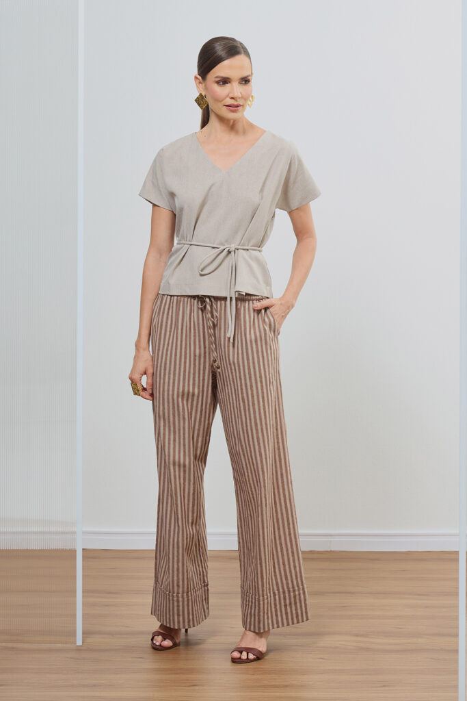 Calça Barra Larga Elástico Cós Algodão Listrado