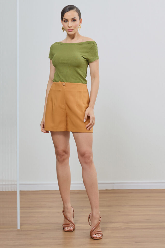 Blusa Decote Canoa Com Manga Malha Canelada