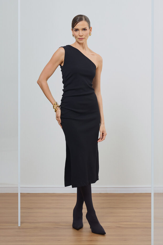 Vestido Ombro Só Drapeado Malha Canelado