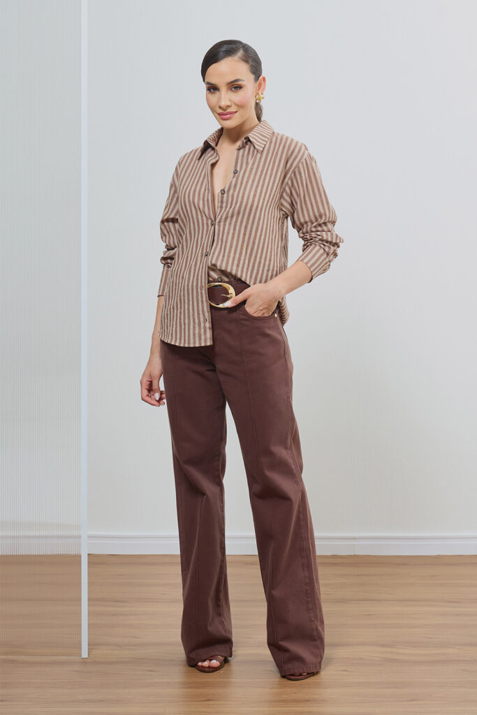 Calça Sarja Wide Leg Com Nervura