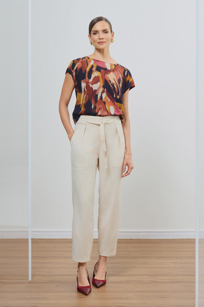 Calça Cenoura Cós Com Faixa Pespontado Alfaiataria