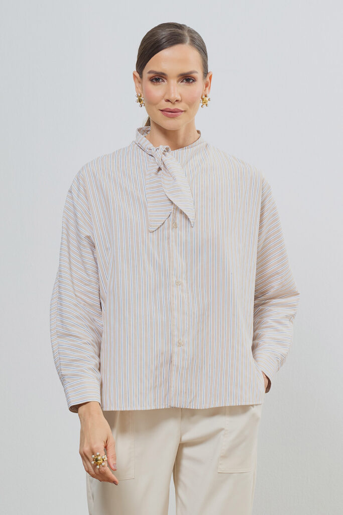 Camisa Manga Longa Gola Laço Tricoline Listrada