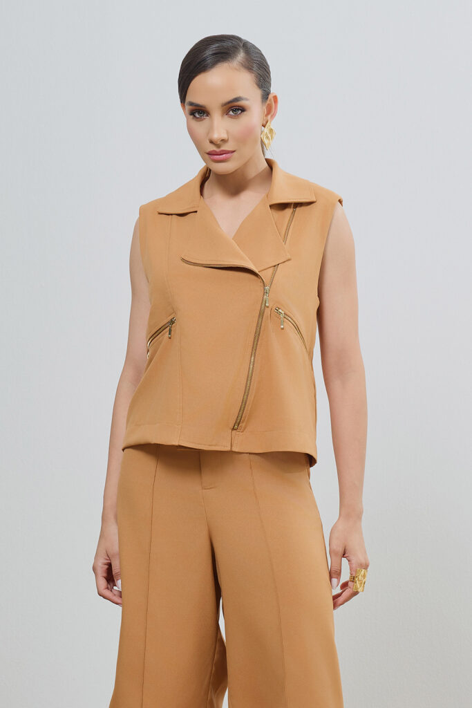 Colete Biker Com Zíper Alfaiataria Crepe