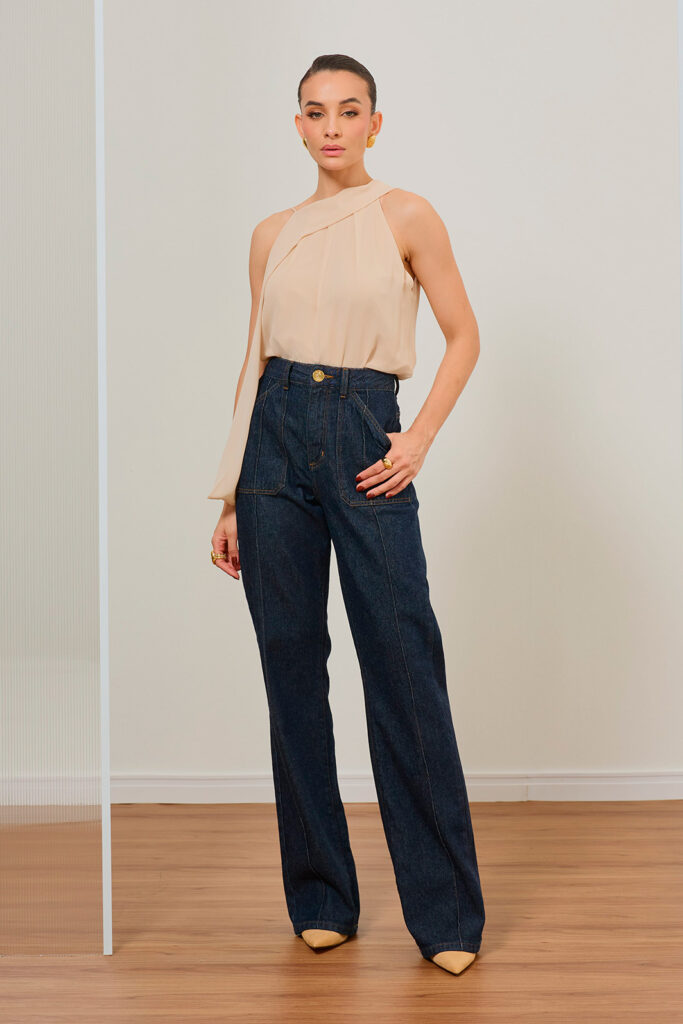 Calça Jeans Reta Bolso Frontal Com Nervura