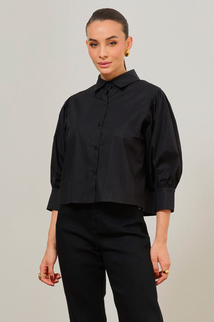 Camisa Semi Cropped Manga Bufante Tricoline