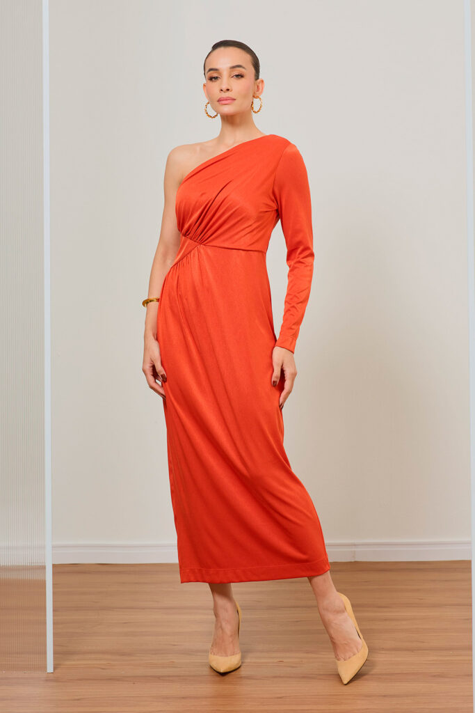 Vestido Midi Ombro Único Detalhe Cintura Jersey