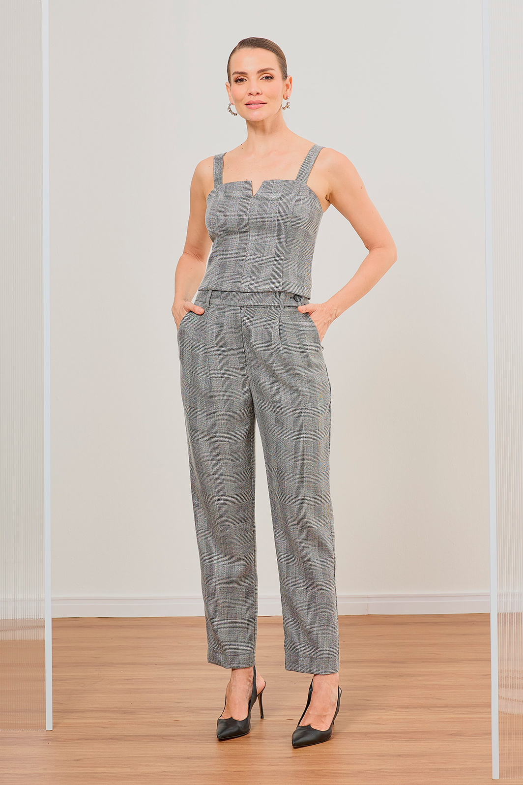 Calça Reta Cós Com Transpasse Jacquard Lurex