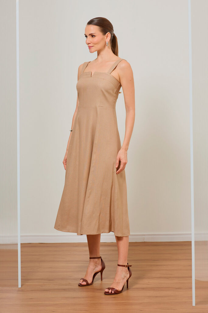 Vestido Alça Detalhe Busto Com Faixa Linho