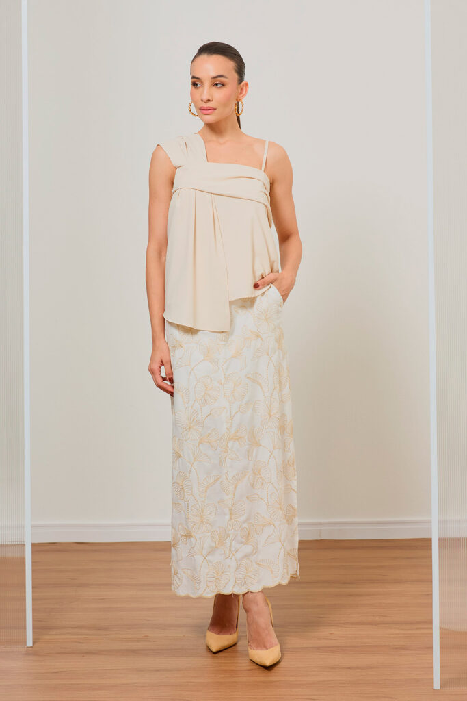 Saia Midi Abertura Lateral Viscose Bordada