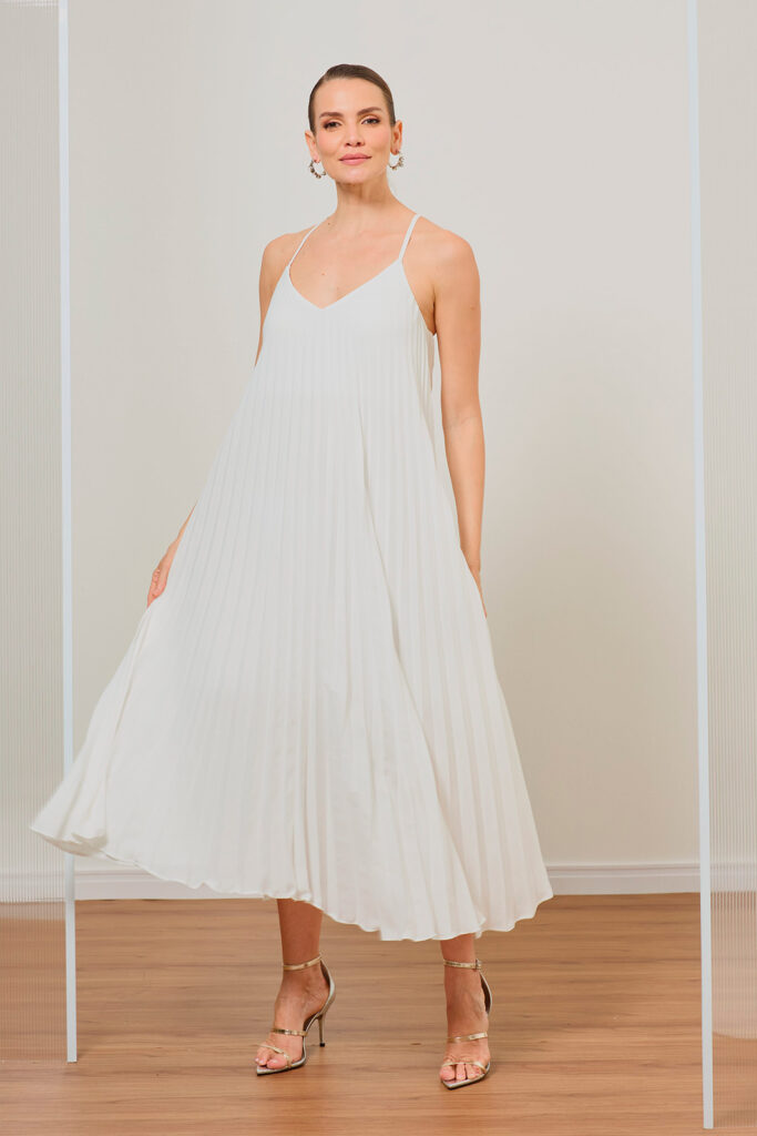 Vestido Midi Alça Cruzada Plisssado Crepe