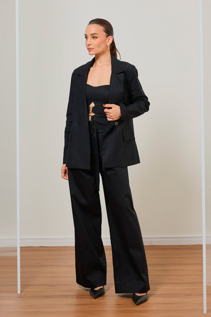 Calça Reta Bolso Faca Com Faixa Sarja de Algodão