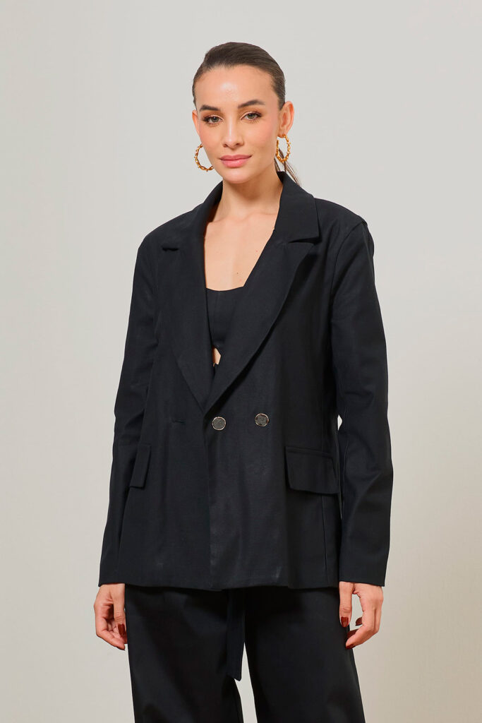 Blazer Abotoamento Duplo Sarja de Algodão