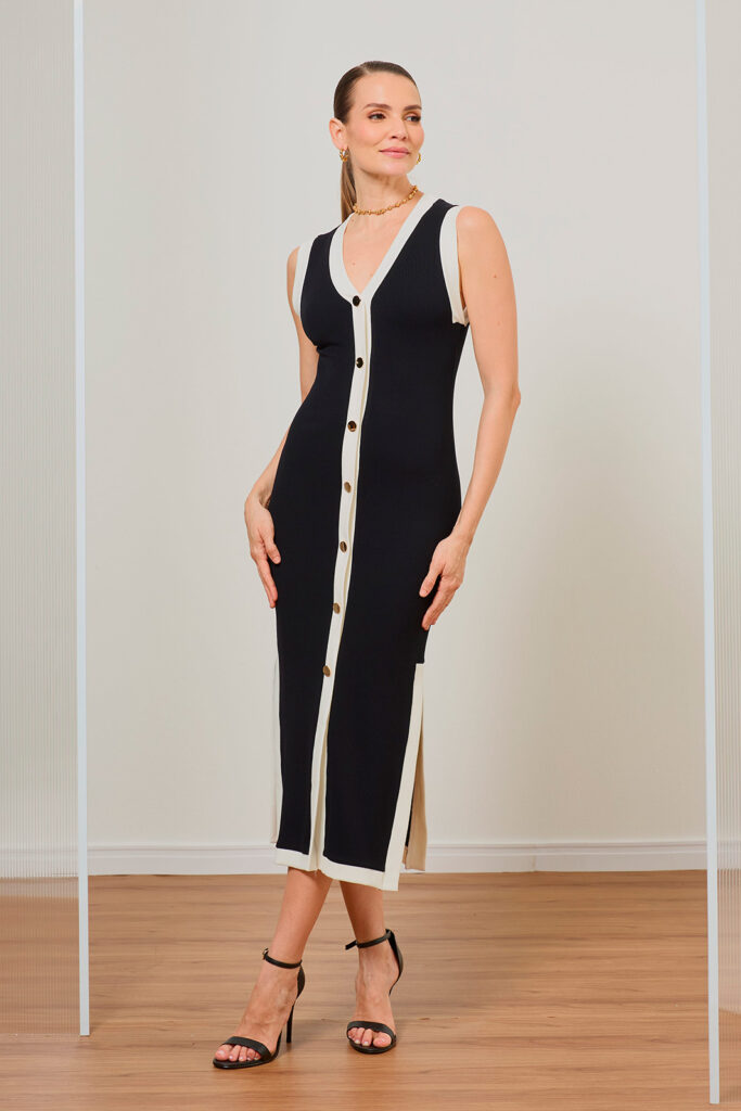 Vestido Midi Bicolor Com Botões e Fenda Canelado Power