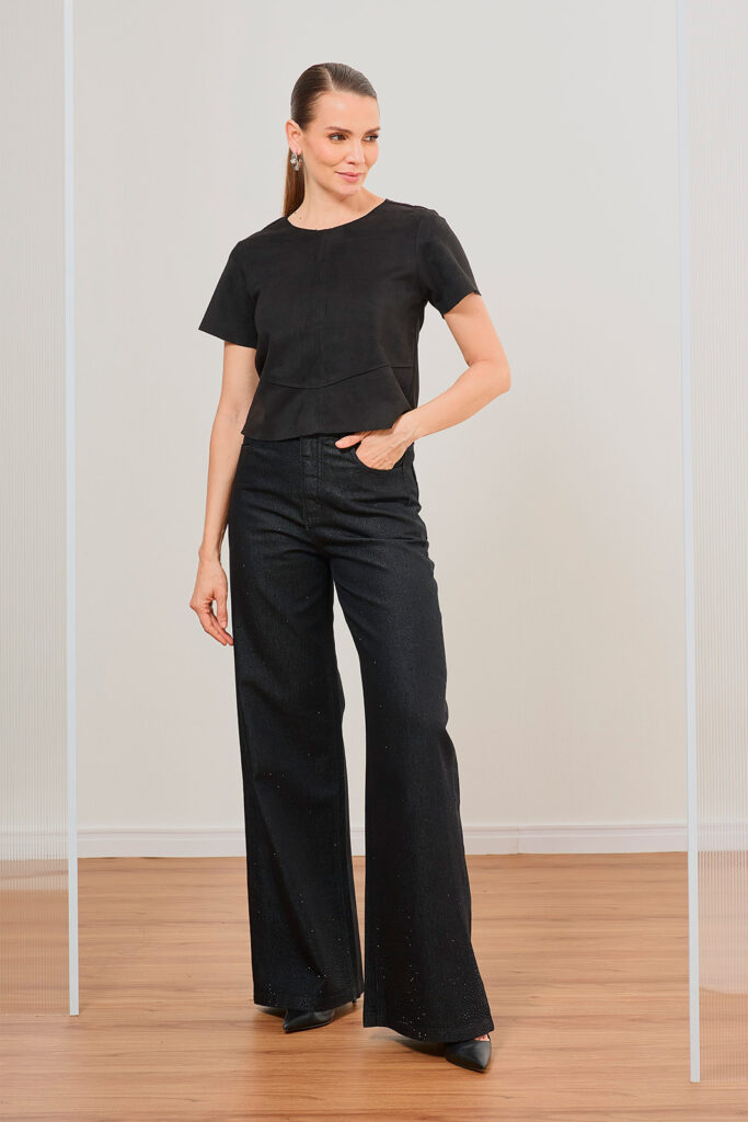 Calça Jeans Lurex Pantalona Com Aplicação de Strass
