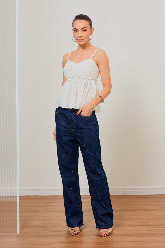 Calça Jeans Lurex Mom Com Aplicação