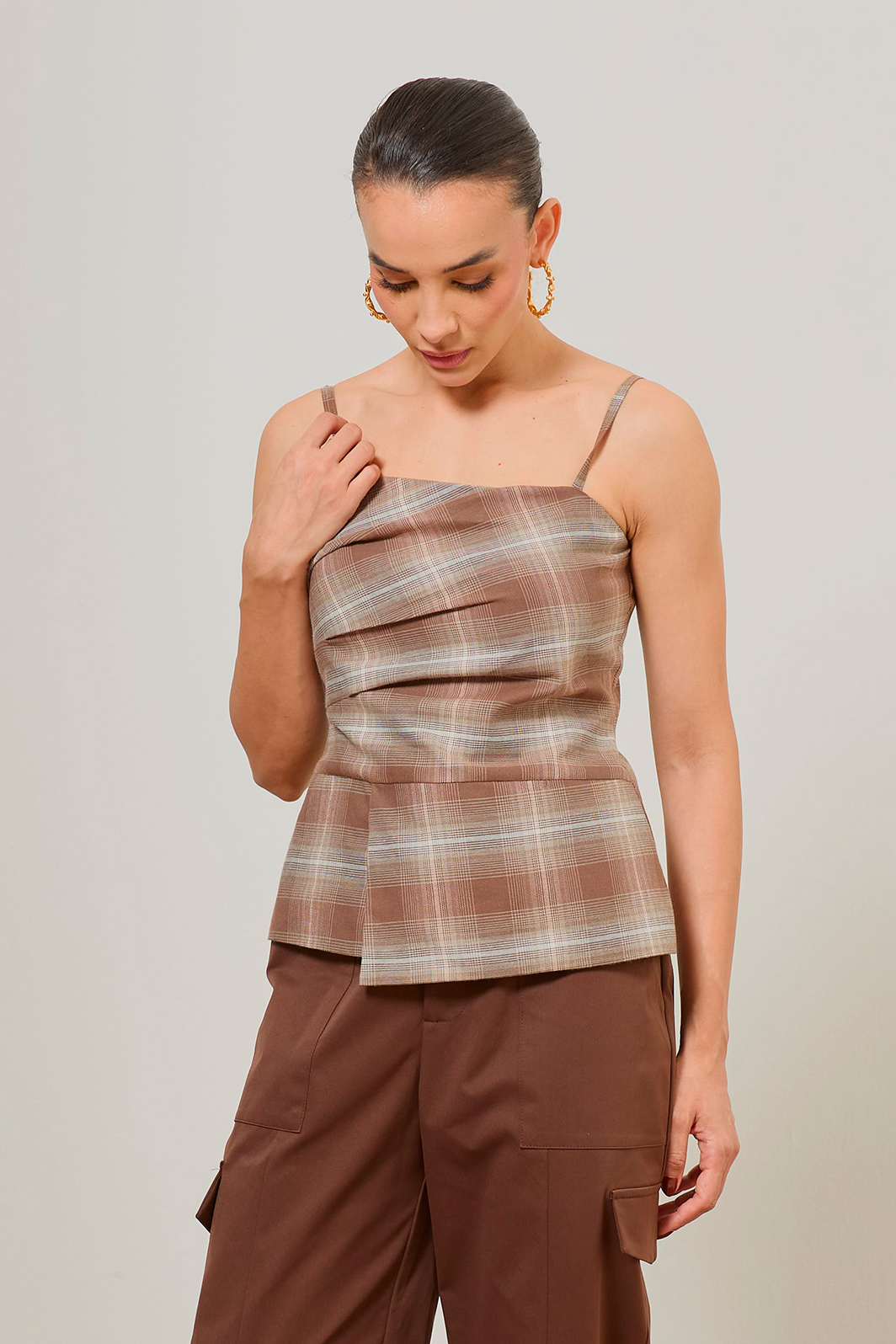 Blusa Alça Detalhe Pregas Algodão Xadrez