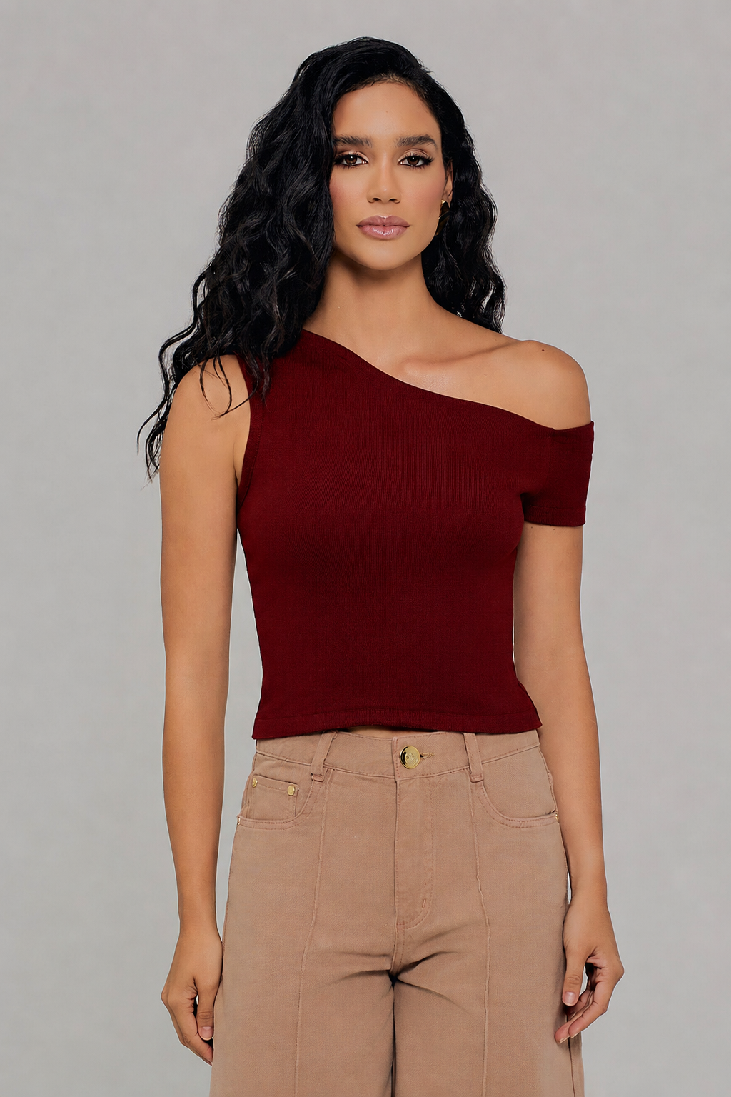 Blusa Manga Curta Ombro Assimétrico Tricot