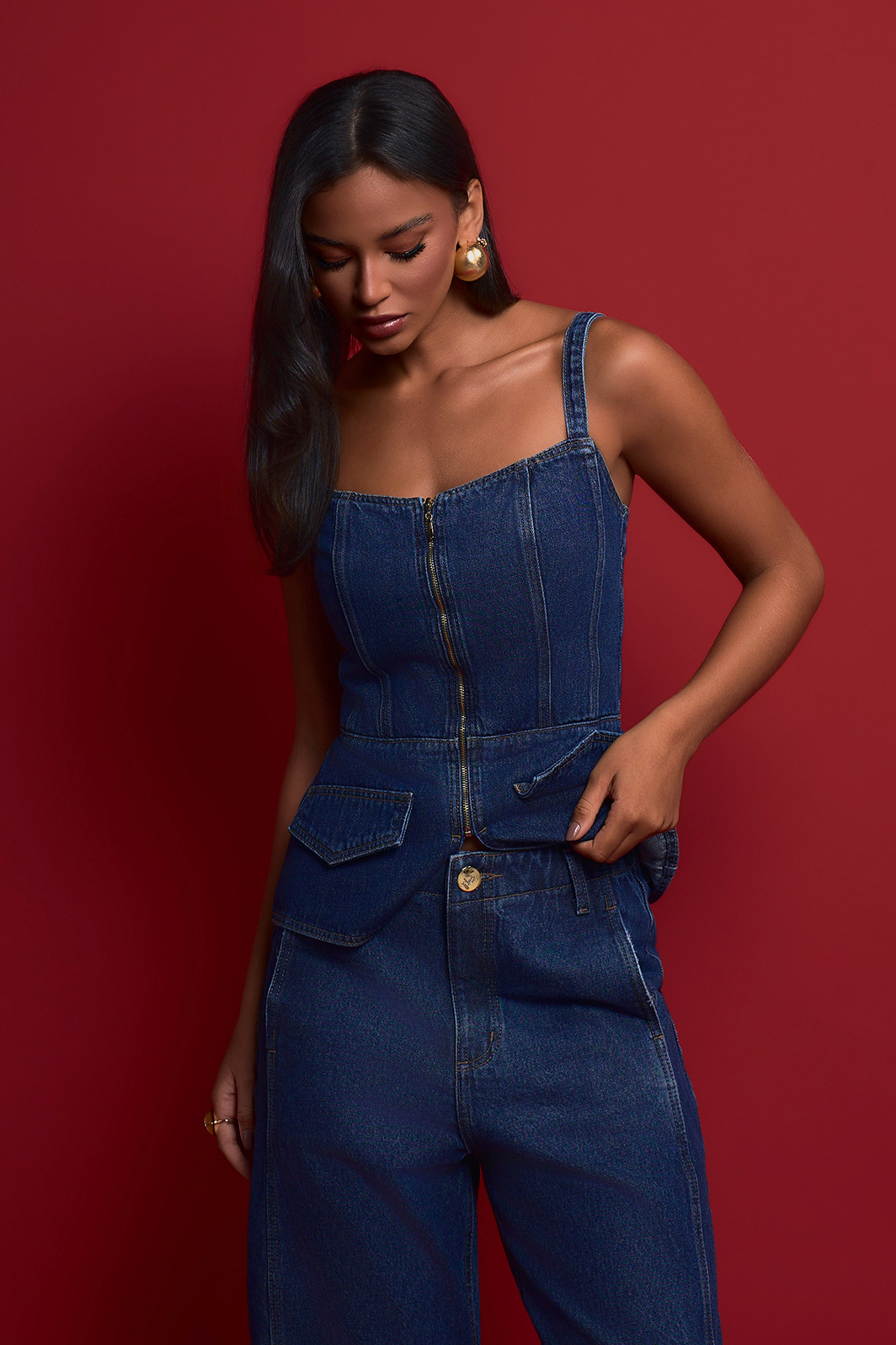 Blusa Jeans Alça Peplum Com Zíper