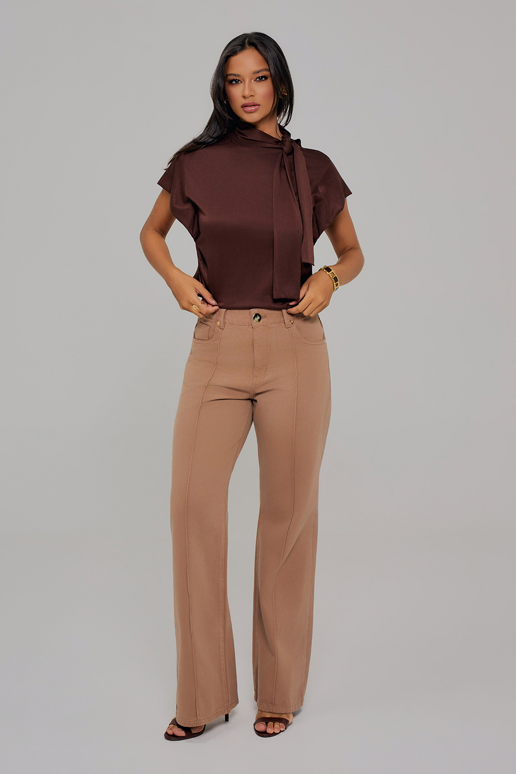 Calça Sarja Color Wide Leg Com Nervura