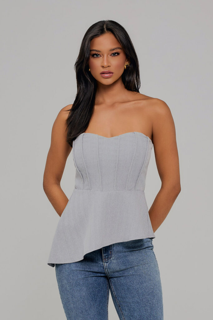 Blusa Sem Alça Peplum Com Recortes Alfaiataria Mescla