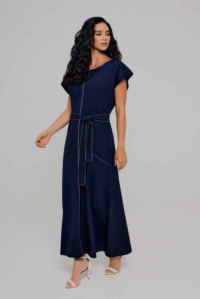 Vestido Midi Com Cinto e Pesponto Com Linho
