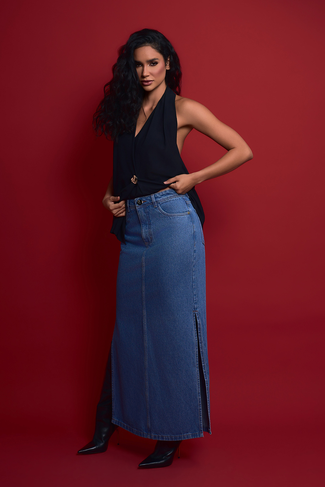 Saia Jeans Longa Fenda Lateral
