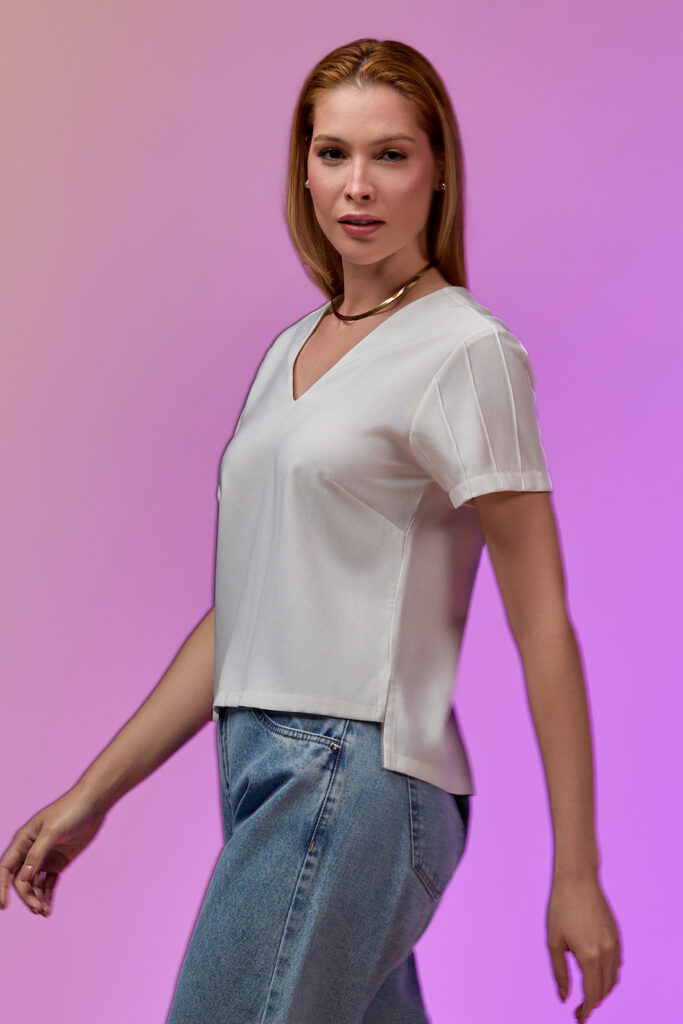 Blusa Decote V Nervura Manga Viscose