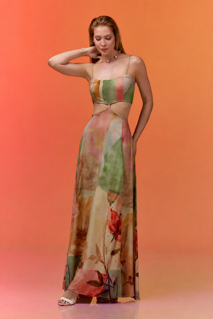 Vestido Longo Vazado Alça Fina Viscose