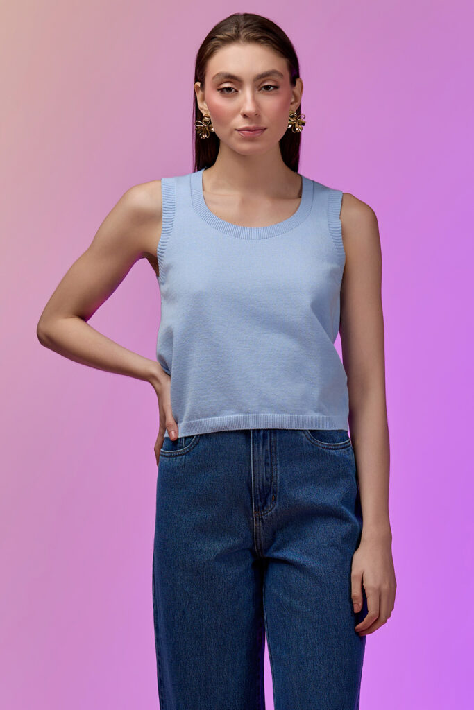 Blusa Decote Redondo Sem Manga Tricot