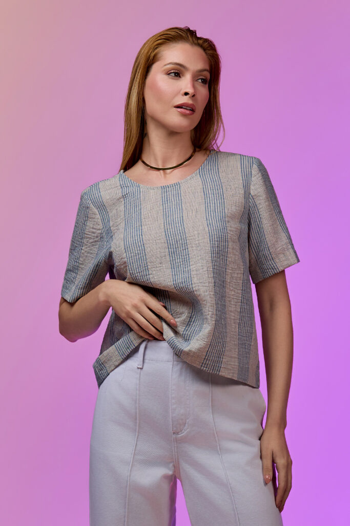Blusa Manga Curta Decote Redondo Algodão Listrado