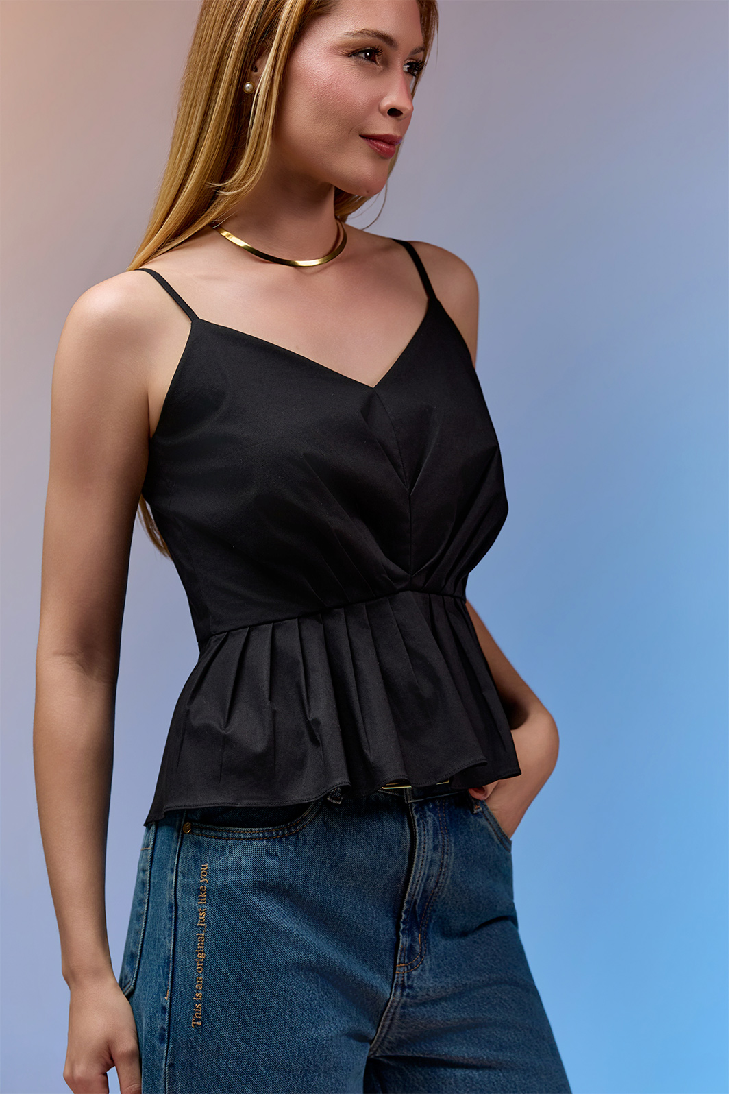 Blusa Alça Com Pregas e Peplum Tricoline