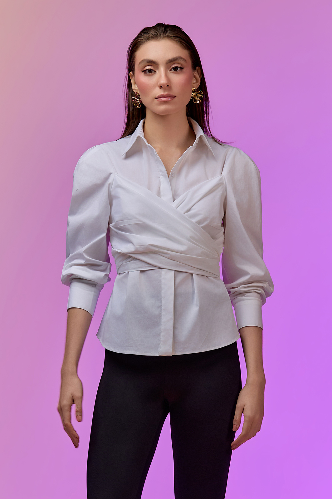 Camisa Manga Longa Com Faixa Transpassada Tricoline