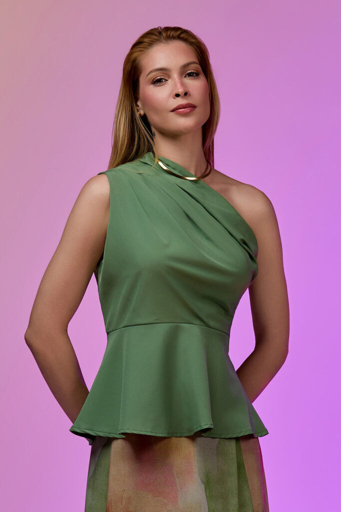 Blusa Ombro Único Com Peplum Crepe